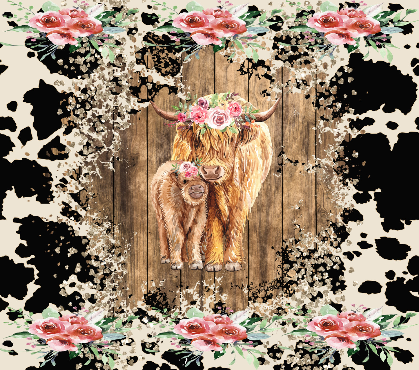 260 2 Brown calves with black a white cow print background