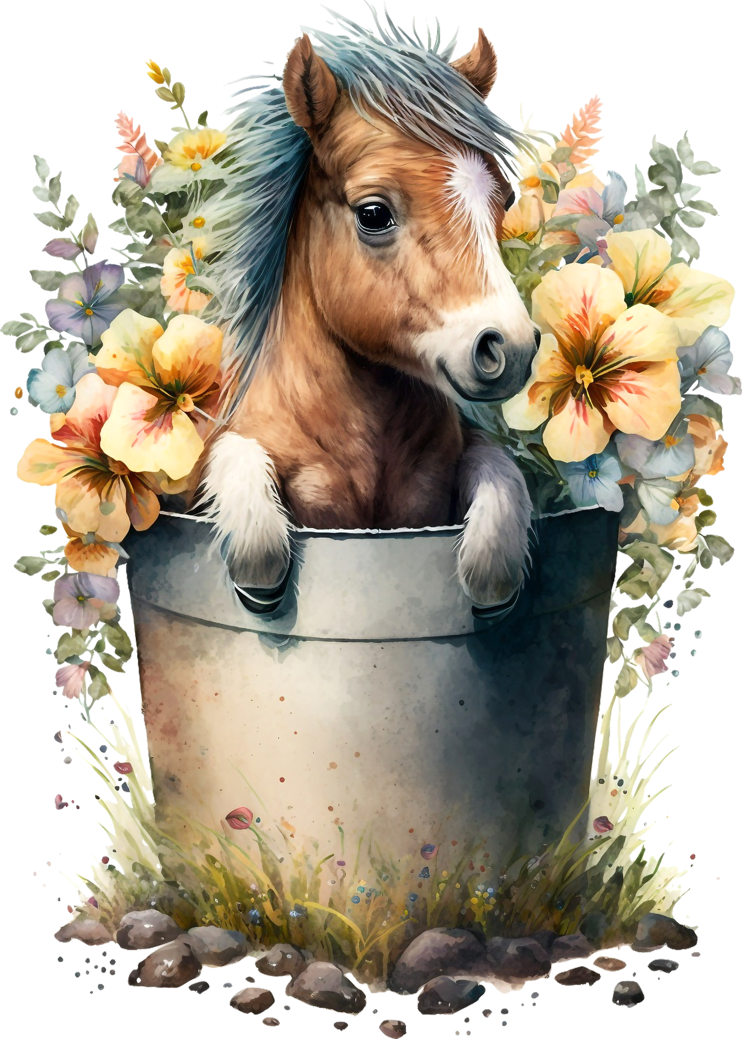 Pony in a water bucket